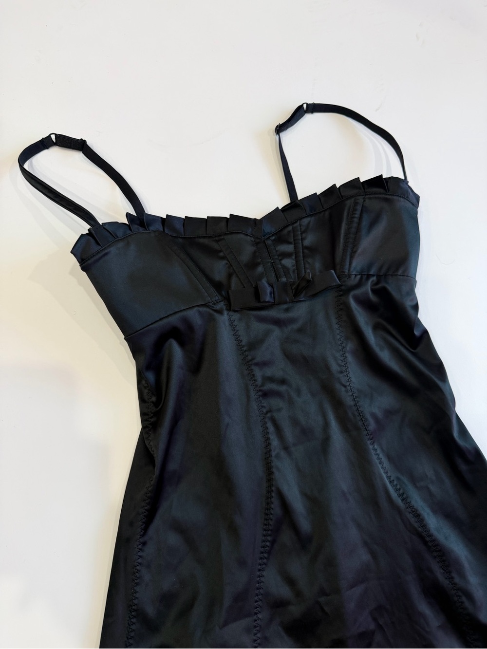 Agent Provocateur Black Satin Slip Dress with Pleated Trim